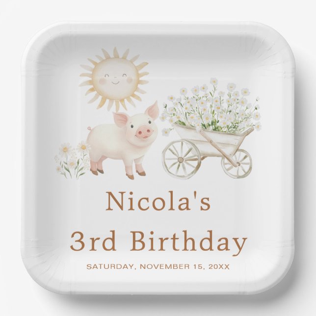 Cute Pig Wheelbarrow Birthday Pappteller (Vorderseite)