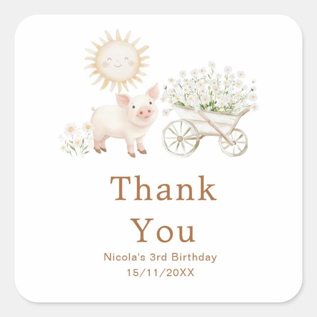 Cute Pig Wheelbarrow Birthday Party Quadratischer Aufkleber (Vorderseite)