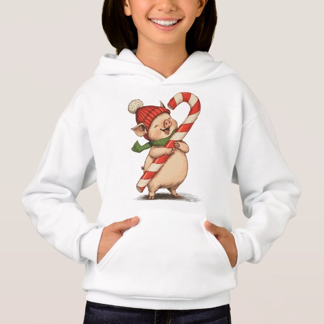 Cute Pig with Candy Cane Kids Hoodie (Vorderseite)
