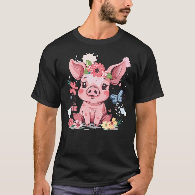 Cute Pig With Flowers I Kids Pig T-Shirt (Vorderseite)