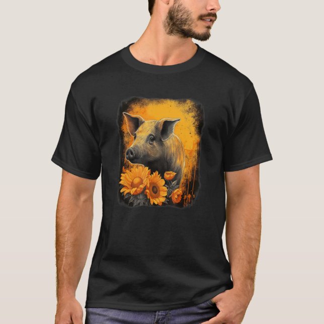 Cute pig with sunflower portrait orange and black  T-Shirt (Vorderseite)
