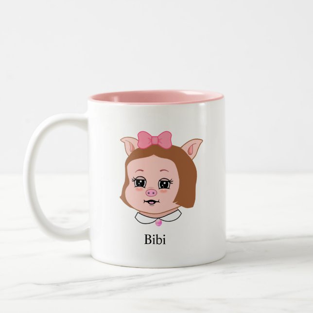 Cute Piglet Cartoon & Calligraphy Zweifarbige Tasse (Links)