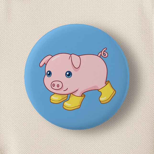 Cute Piglet Pig in Yellow Rubber Boots Blue Button (Von Creator hochgeladen)