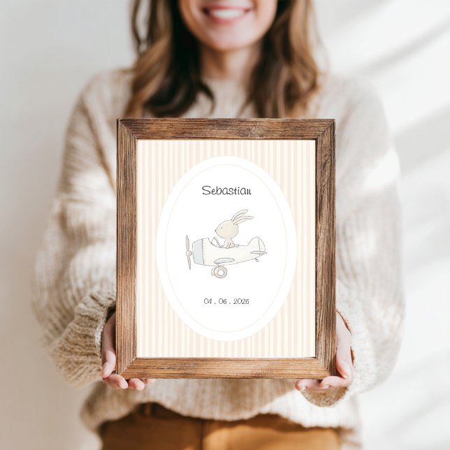 Cute Pilot Bunny Nursery Name Date Poster (customizable name date baby nursery poster with a cute pilot bear in airplane and beige stripes.)