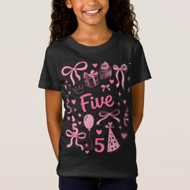 Cute Pink 5th Birthday Girl Shirt Five Bow Party D (Vorderseite)