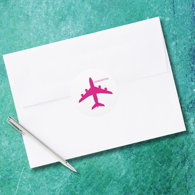 Cute Pink Airplane Girl Pilot Personalized  Runder Aufkleber (Von Creator hochgeladen)