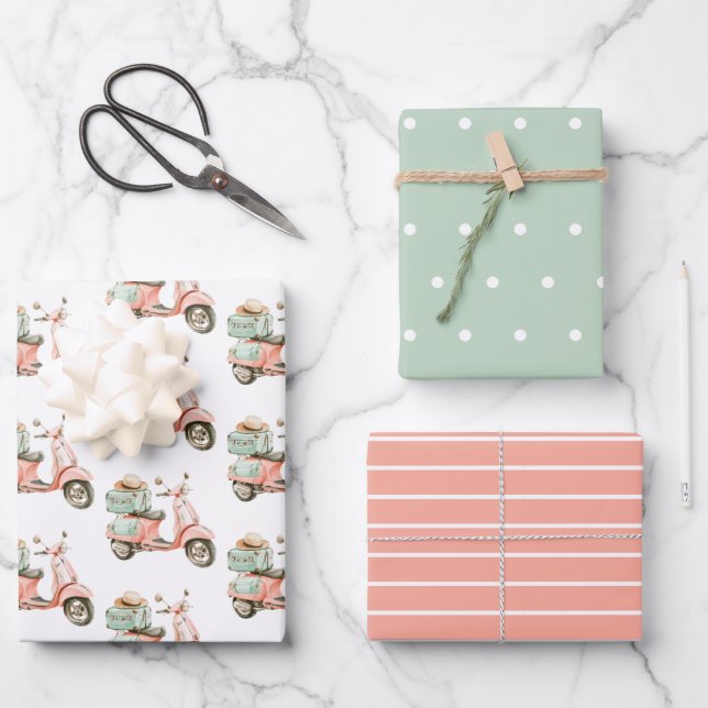 Cute Pink and Aqua Coastal Scooter Geschenkpapier Set (Vorderseite)