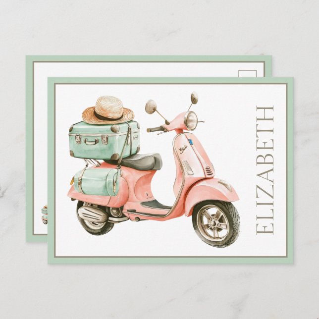 Cute Pink and Aqua Coastal Scooter Postkarte (Vorne/Hinten)