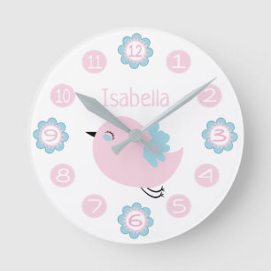 Cute Pink and Blue Flower and Bird Custom Runde Wanduhr