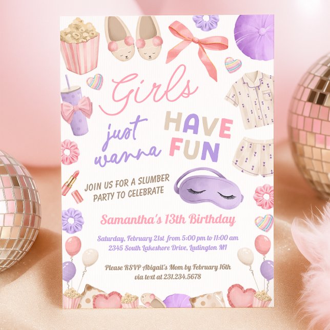 Cute Pink and Purple Slumber Party Birthday Einladung (Sleepover Birthday Party Invitation)