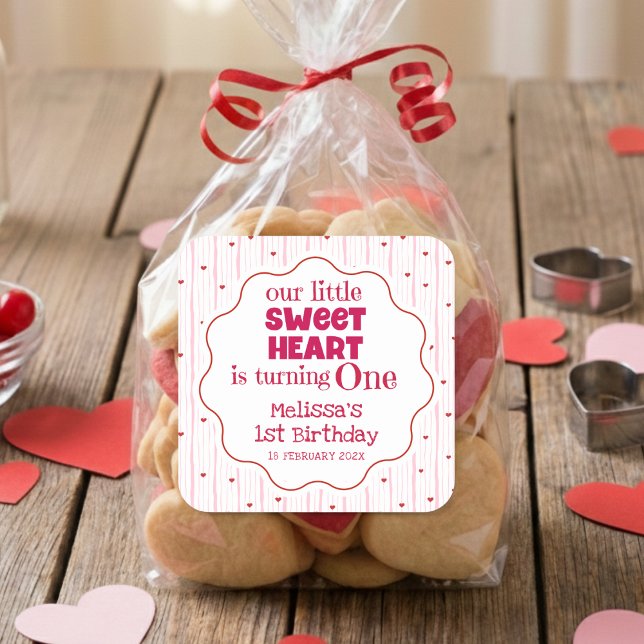 Cute Pink and Red Little SweetHeart Turning One Quadratischer Aufkleber (Von Creator hochgeladen)