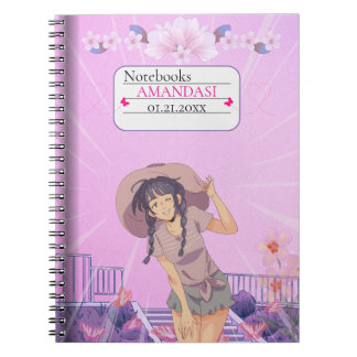 Cute-Pink Anime Girl Floral Aesthetic Notebook Notizblock