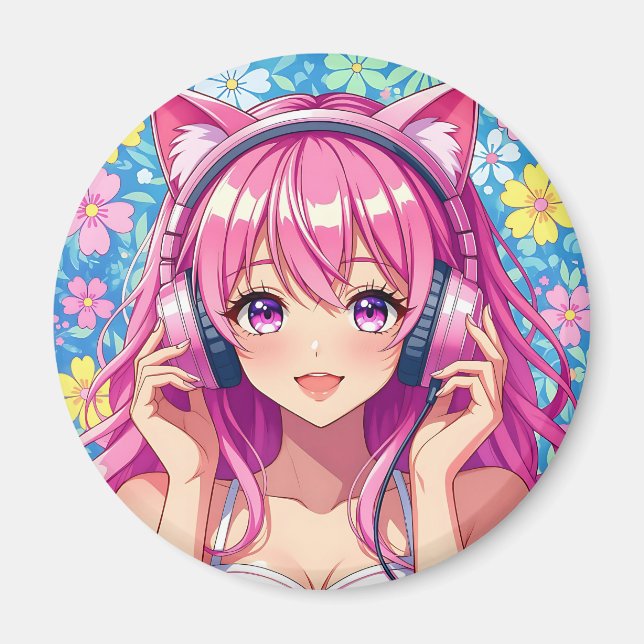 Cute Pink Anime Girl with Headphones Magnet (Vorne)