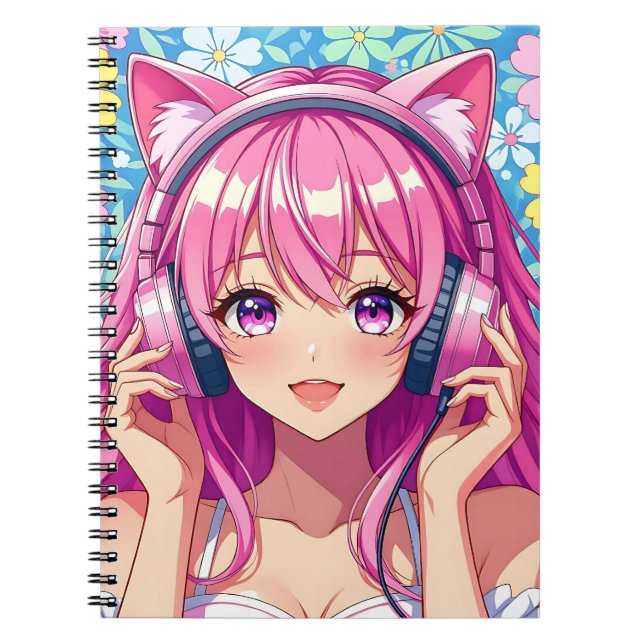 Cute Pink Anime Girl with Headphones Notizblock (Vorderseite)