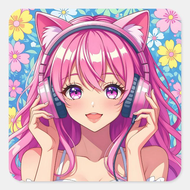 Cute Pink Anime Girl with Headphones Quadratischer Aufkleber (Vorderseite)