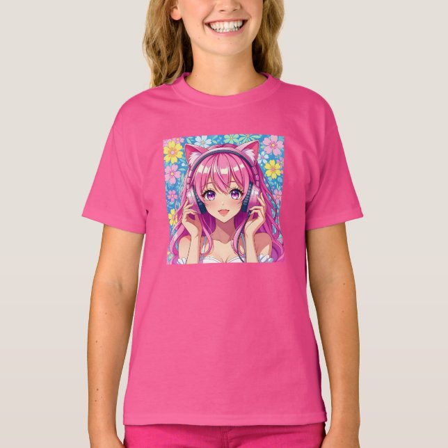 Cute Pink Anime Girl with Headphones   T-Shirt (Vorderseite)