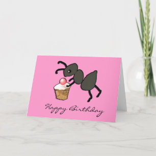 Cute Pink Ant and Cupcake Birthday Card Karte