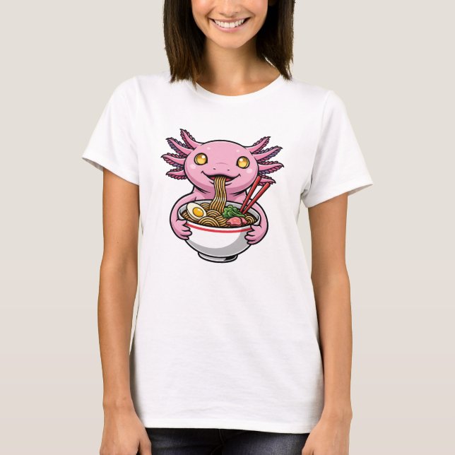 Cute Pink Axolotl Eating Ramen Noodles Cartoon T-Shirt (Vorderseite)