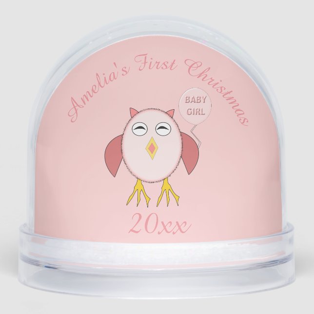 Cute Pink Baby Girl Owl Custom First Christmas Schneekugeln (Vorderseite)