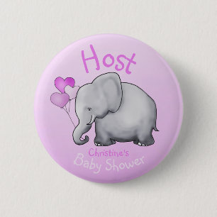 Cute Pink Ballons Elephant Baby Shower Host Button