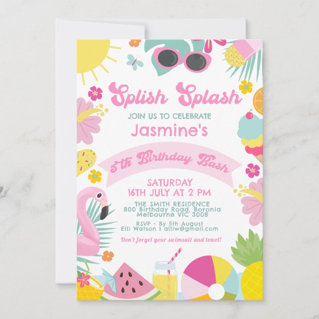 Cute Pink Banner Retro Splish Splash 5th Birthday Einladung (Vorderseite)