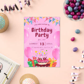 Cute Pink Birthday Party Invitation | Bunting and  Acryleinladungen