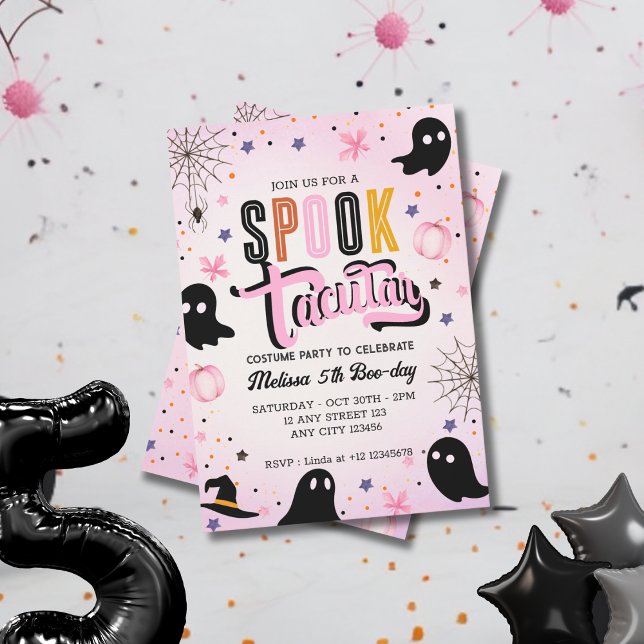 Cute Pink Black Spooktacular Halloween Birthday  Einladung (Von Creator hochgeladen)