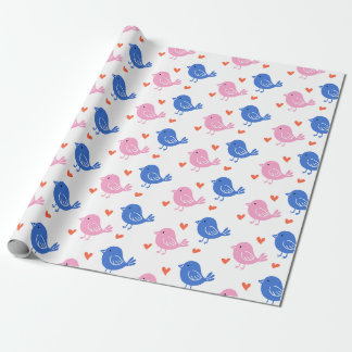 Cute Pink Blue Bird Heart Pattern Repeating Love  Geschenkpapier