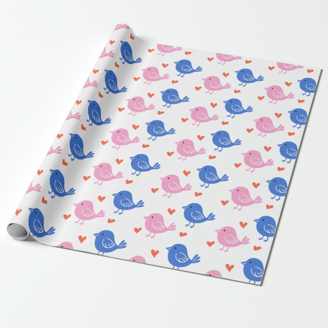 Cute Pink Blue Bird Heart Pattern Repeating Love  Geschenkpapier (Ungerollt)