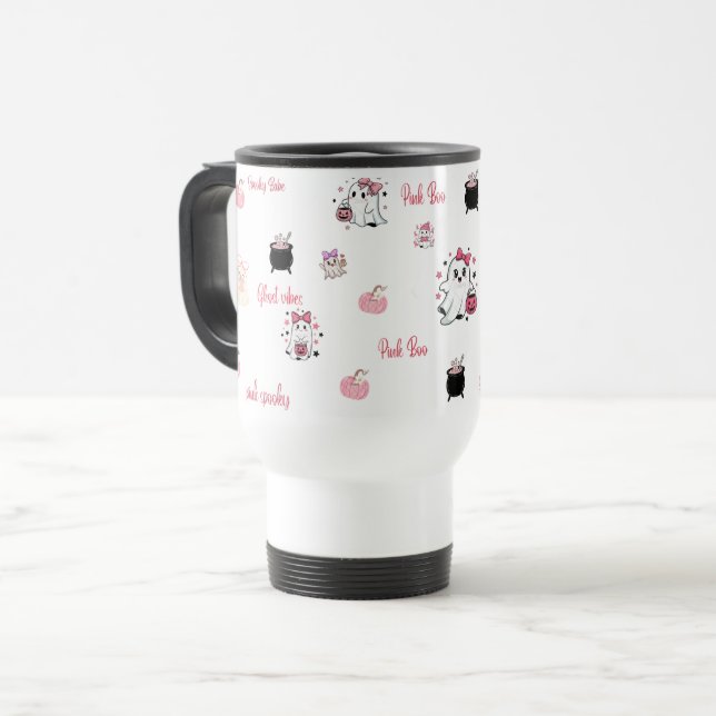 Cute Pink Boo Ghost Travel Mug | Reisebecher (Vorderseite Links)