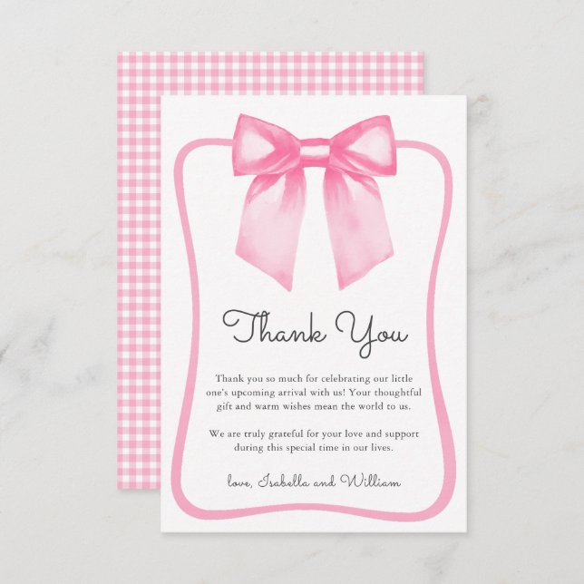 Cute Pink Bow Baby Shower Thank You Card Dankeskarte (Vorne/Hinten)