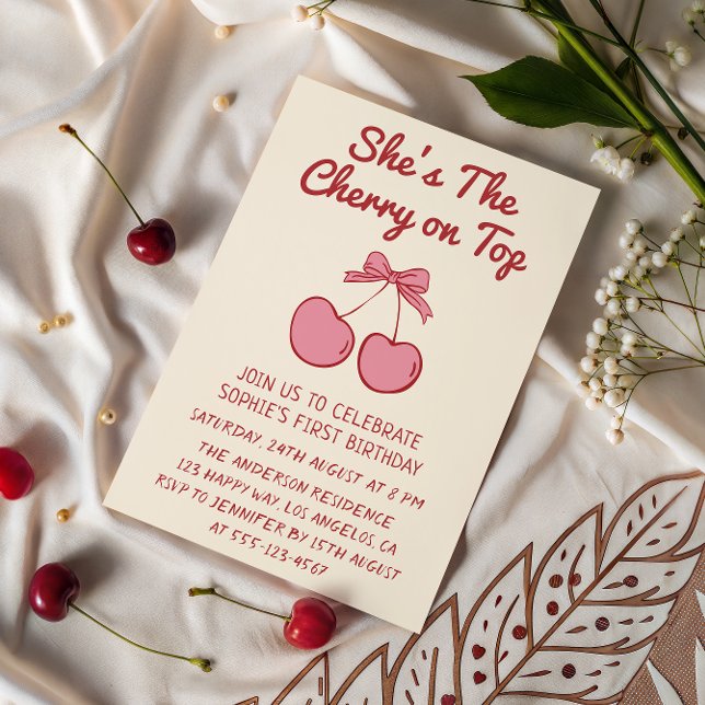 Cute Pink Bow Cherry on Top First Birthday Einladung (Von Creator hochgeladen)