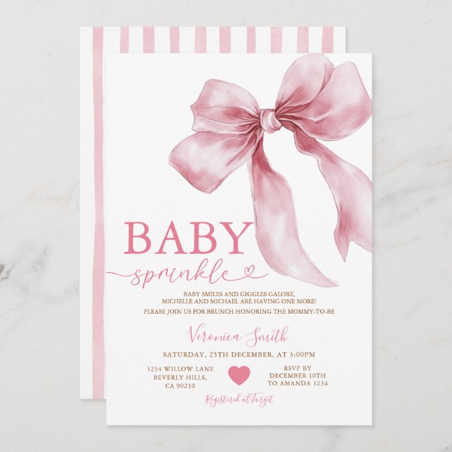 Cute Pink Bow Coquette Baby Sprinkle Baby Shower Einladung (Vorne/Hinten)