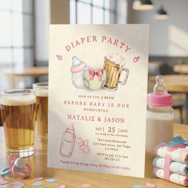 Cute Pink Bow Diaper Beer Baby Shower Einladung (Cute Pink Bow Diaper Beer Baby Shower Invitation)
