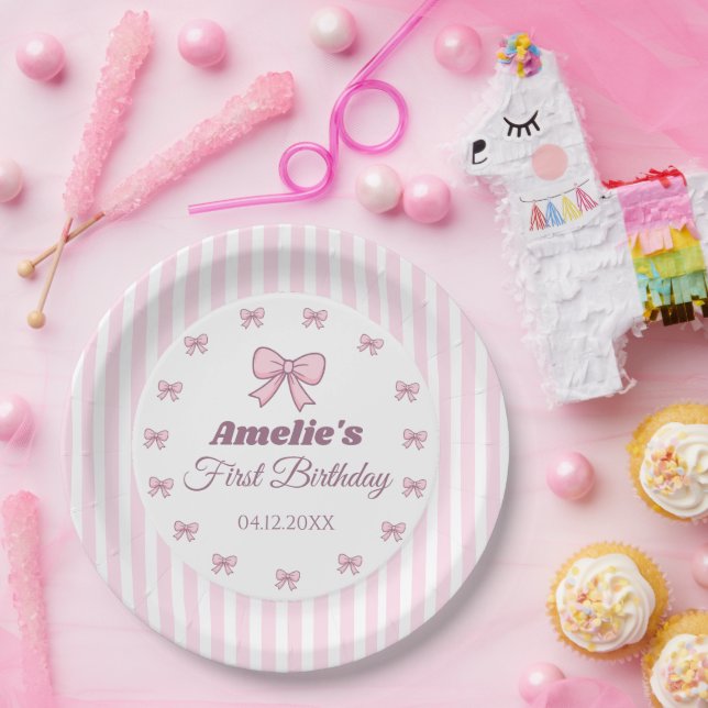 Cute Pink Bow First Birthday  Pappteller (Party)