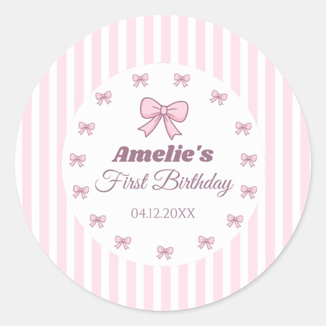 Cute Pink Bow First Birthday  Runder Aufkleber (Vorderseite)