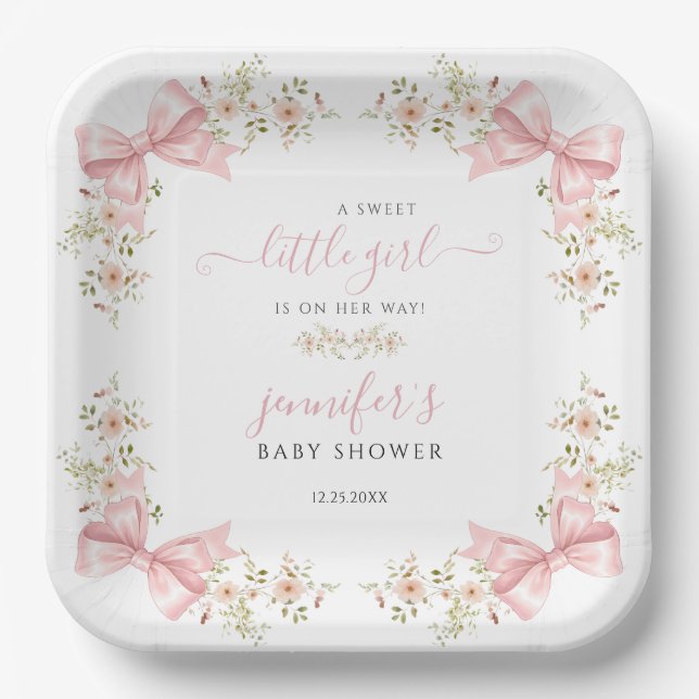 Cute Pink Bow Floral Sweet Baby Shower Pappteller (Vorderseite)