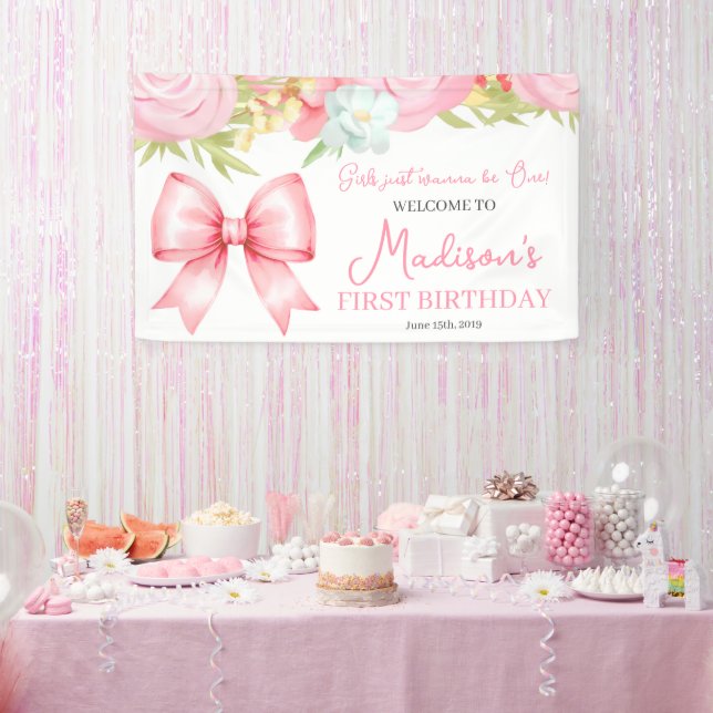 Cute Pink Bow Girl First Birthday Banner (Party)