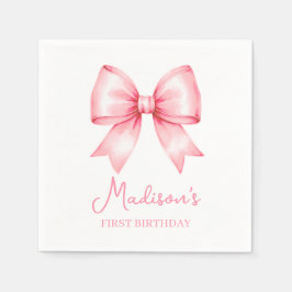 Cute Pink Bow Girl First Birthday Serviette