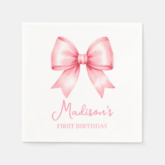 Cute Pink Bow Girl First Birthday Serviette