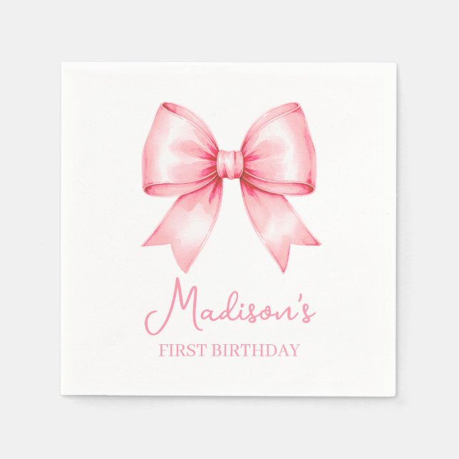 Cute Pink Bow Girl First Birthday Serviette (Vorderseite)