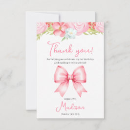 Cute Pink Bow Girl First Birthday Thank You Card Dankeskarte