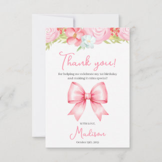 Cute Pink Bow Girl First Birthday Thank You Card Dankeskarte