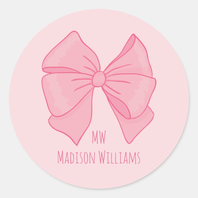 Cute Pink Bow Girl's Monogram and Name Runder Aufkleber (Vorderseite)