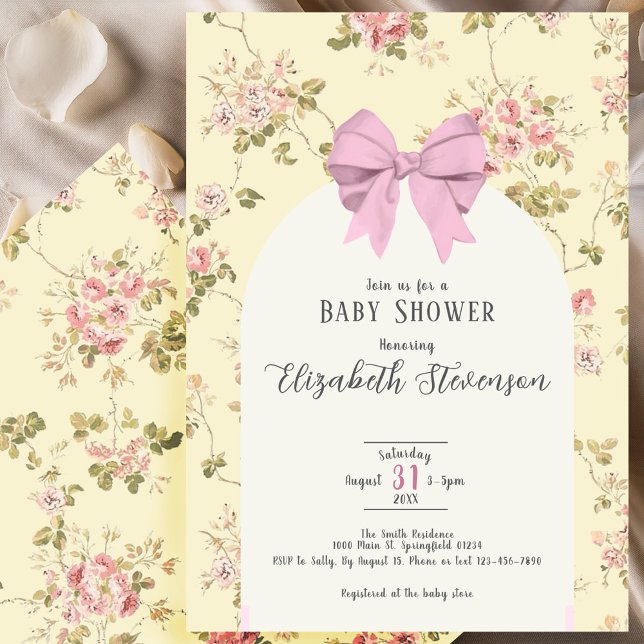 Cute Pink Bow Girly Floral Yellow Baby Shower Einladung (Von Creator hochgeladen)