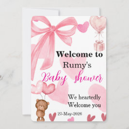 Cute Pink Bow Teddy Bear Shower Welcome Einladung