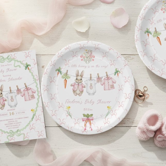 Cute Pink Bunny Girl Clothesline Baby Shower  Pappteller (Von Creator hochgeladen)