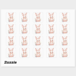 Cute Pink Bunny Party Theme Pastel Floral Quadratischer Aufkleber