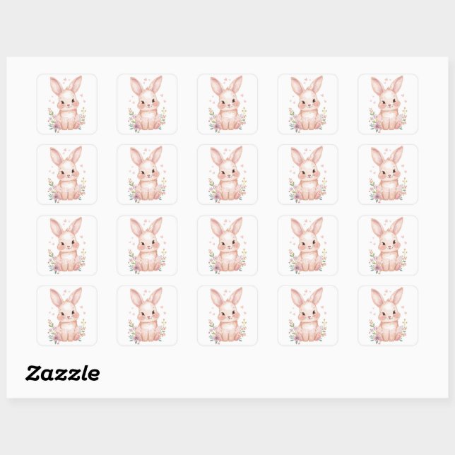 Cute Pink Bunny Party Theme Pastel Floral Quadratischer Aufkleber (Blatt)