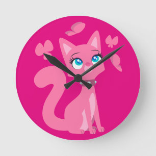 Cute Pink Cartoon Cat and Butterflies Runde Wanduhr
